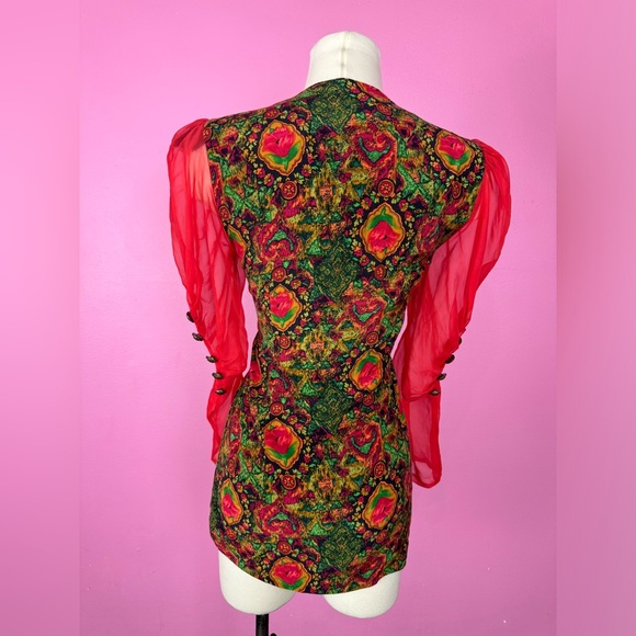 Vintage 1980s 80s Button Up Blouse with Ruched Red Chiffon Sheer Long Sleeves - Picture 7 of 11